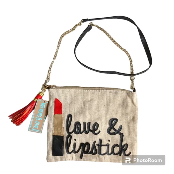Weekend [Love] Crossbody Bag Love & Lipstick Makeup Clutch Tan Black & Red - Picture 4 of 10